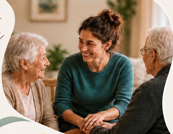 Professionnelle accompagnant deux personnes âgées